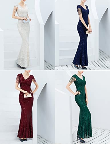 Image of Women 1920s Plus Size Formal Dress Tassels Sleeve Sequins Gatsby Maxi Evening Gown