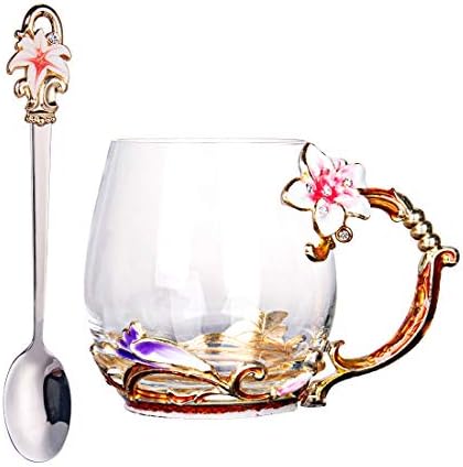 C&Z Enamel Glass Mug Butterfly Flower Lead-Free Drinking Tea Cup Coffee Mugs with Steel Spoon Set for Women Birthday Valentines Wedding Day Gifts Purple
