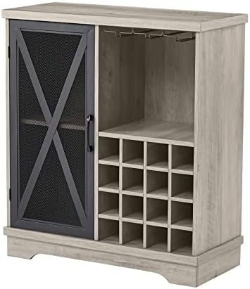 OGAOL Rustic Bar Cabinet for Liquor and Glasses, Dining Room Kitchen Cabinet with Wine Glass Rack, Open Storage Shelves, Iron Doors, Kitchen Sideboard Buffet Cabinet for Home Bar, Hallway (1-Tier)