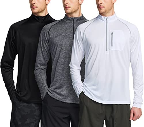 Athlio Men's Long Sleeve Athletic Shirts - Quick Dry, Uv Sun Protection, 1/4 Zip Pullover Running Tops, Xx-Large 3-Pack Black/Carbon Grey/White #TOP1
