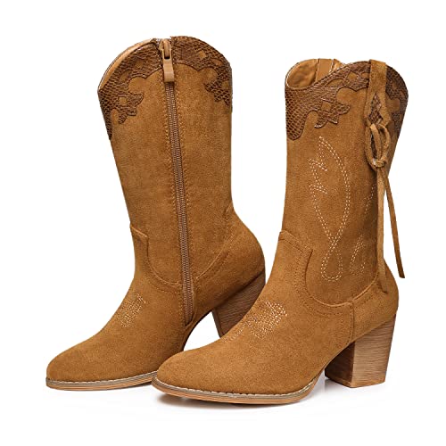 Swqzvt Women Western Cowgirl Boots: Cowboy Boot Embroidered Zipper Booties Round Toe Mid Calf Boots Camel 8 #TOP6