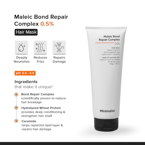 Image of Minimalist Hair Mask for Frizzy & Damaged Hair | 5% Maleic Bond Repair Complex with Amino Acids & Ceramides | Repairs Dry, Dull Hair, Controls Frizz | For Treated Hair | Men & Women | 50g