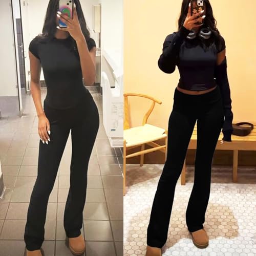 Image of ZFLM Casual Workout Two Piece Outfits for Women Short Sleeve Crop High Waist Foldover Flare Pants Tracksuit Sets Streetwear