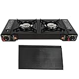 Hornillo de camping portátil de 2 quemadores de butano para exteriores, con placa para barbacoa, para picnic