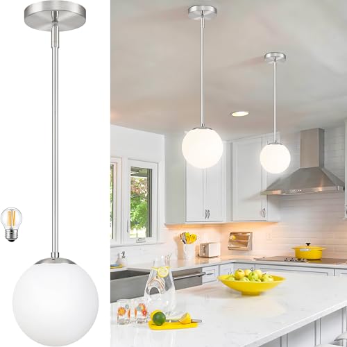 Bagood 6 Inch Globe Pendant Light Nickel Globe Pendant Lights Kitchen Island Mid Century Light Fixture with Milky White Glass Contemporary Adjustable Hanging Lights for Dining Room (Bulb Included)