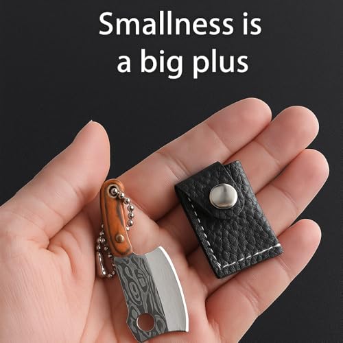 Image of Mini Knife Keychain, Real Damascus Style Tiny Chef Knives with Wooden Handle, Pocket Cleaver, EDC Miniature Weapon Keychains for Gifting, Decoration & Collectors