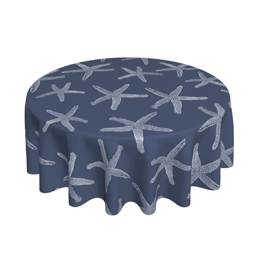 GOLIANDA Nautical Coastal Tablecloth 70 Inch Round Navy Blue Starfish Table Cloth Summer Beach Ocean Decorations Stain Resistance Polyester Round Table Cover for Parties Picnic Kitchen Decor Outdoor