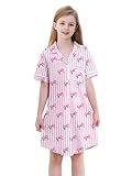 QZH.DUAO 100% Cotton Girls Nightgown Dress, Button Down Short Sleeve Nightshirt Sleepwear, Pink Stripe Bow, 13-14Y