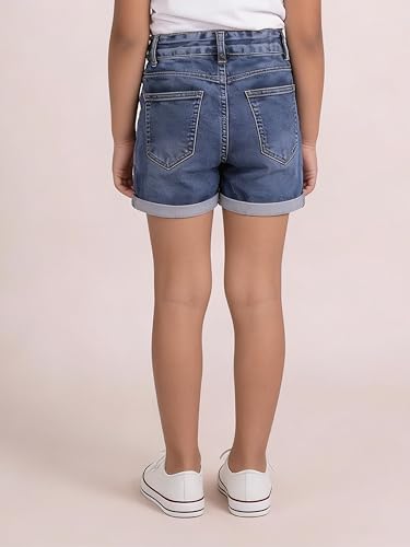 Image of KiddoPanti Girls Tight Length Rollup Denim Shorts with Lavender and Pink 3D Crochet Flowers