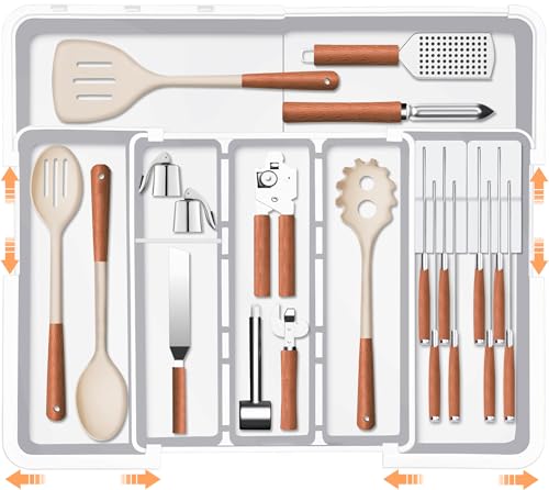 Homecor Kitchen Drawer Organizer Large Expandable Silverware Organizer, Utensil Holder and Flatware Tray, Kitchen Spatula Tools and Gadgets Storage with Removable Knife Blocks and 3 Dividers, White