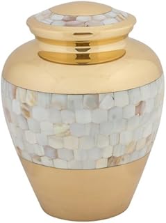 Mother of Pearl Wide Band Brass Cremation Urn for Ashes, Brass, Gold Urn, Adult Sized Cremation Urn, 9.5 Inches High