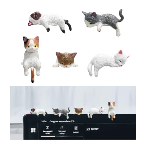 MUQIDA 5 PCS Cute Cat Car Dashboard Decoration, Funny Mini Pussy Figure Rearview Mirror Ornament, Kawaii Resin Cat Figurines Auto Interior Dash Decor Accessories for Women Girl (White)