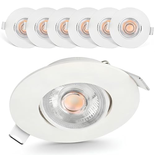 EMOS LED Spots 230V, 4.9W / 430lm, 50° Schwenkbar, Einbaustrahler Led warmweiß 3000k | Deckenspots Flach, 68mm Lochmaß | Set mit 6 Stück Einbauleuchten Rund, Weiß
