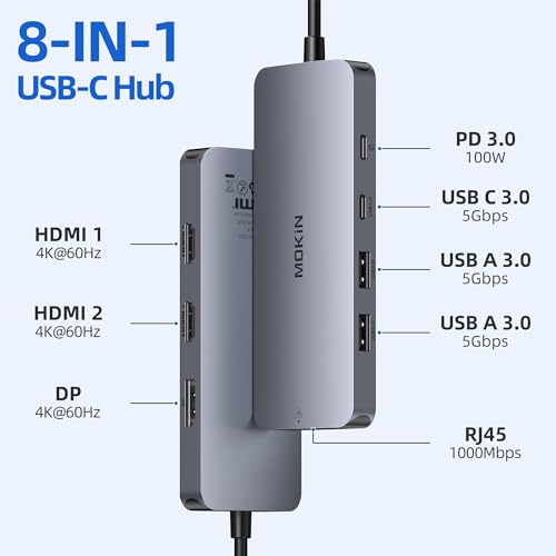 Image of USB C Docking Station 3 Monitors, MOKiN USB C Docking Station with 2 HDMI, 4K DisplayPort, 1Gbps Ethernet, 100W PD Charging, 3 USB A /C 3.0, Multiport Adapter for Dell /HP /Lenovo /Surface