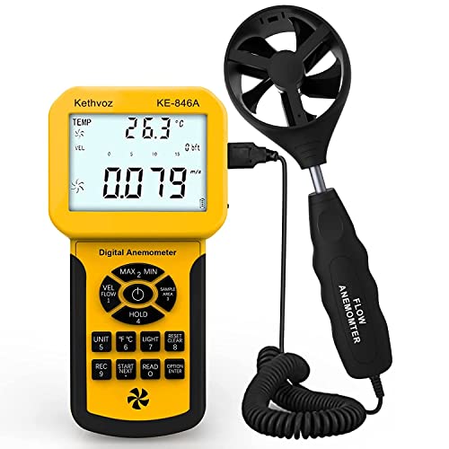 Kethvoz HVAC Anemometer CFM Wind Speed Meter, Digital Airflow Tester Measure Air Velocity Volume Temperature for AC System, Industrial Anemometro with Backlight MAX MIN AVG Data Storage KE-846A