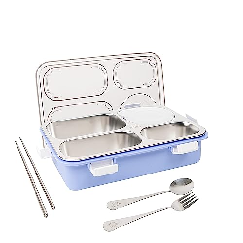 PRIME DEALS Lunch Box Sealed Leakage Proof Stainless Steel Lunch Box with Fork Chopstick&Spoon Lid Office Food Container for School Kids and Adults 750ml (Light Blue, 4 Compartment)