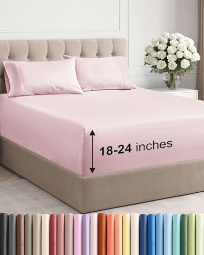 Image of Extra Deep Twin Sheet Set - 4 Piece Breathable & Cooling - Lavender Pink | Hotel Luxury Bed Sheets Set, Easy & Secure Fit, Ultra-Soft, Wrinkle & Fade Free, Comfy Sheets Set with Extra Deep Pockets