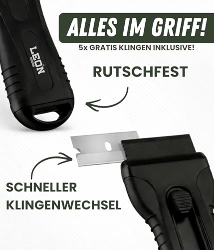 LEÓN Goods - Professioneller Ceranfeldschaber der Kochfeldschaber für deine Ceranfeld Kochfelder - Inkl. Carbon-Stahl & Kunststoffklinge! Schaber für Ceranfeld und Glaskeramik Schaber (schwarz)
