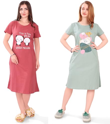 Image of Printed Knee Length Pocket Night Dresses for Women | Cat Lover | Premium Soft Cotton Nighty | Blue and Maroon