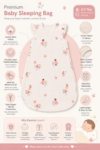 Image of TuddyBuddy Baby Cotton Wearable Quilted Sleeping Bag Blanket 1.5 Tog with 1 Way Zipper Closure | Ideal for Babies & Kids Hypoallergenic Fabrics | (Pink Angel - Frill Sleeves - Off White, 2-3 Years)