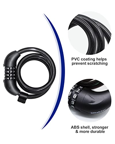 Ndakter Bike Lock Cable, Scooter Lock, Bicycle Locks Heavy Duty Anti Theft, 4 Feet Coiled Secure Resettable Combination Lock With Mounting Bracket, 1/2 Inch Diameter #TOP2