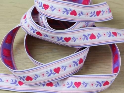 26mm Woven Heart & Flower Jacquard Braid Trimming Pink & Lilac - per metre