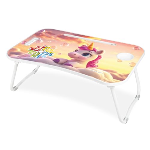 Image of Amazon Brand - Jam & Honey Foldable Laptop Table for Kids 4+ Years, Portable Study Bed Desk with Cup Holder, Tablet Stand & Ludo Game, Cute Unicorn Design, BIS Certified Child Safe