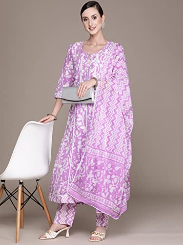 Image of ishin Women's Mauve Embroidered Anarkali Kurta with Trouser & Dupatta