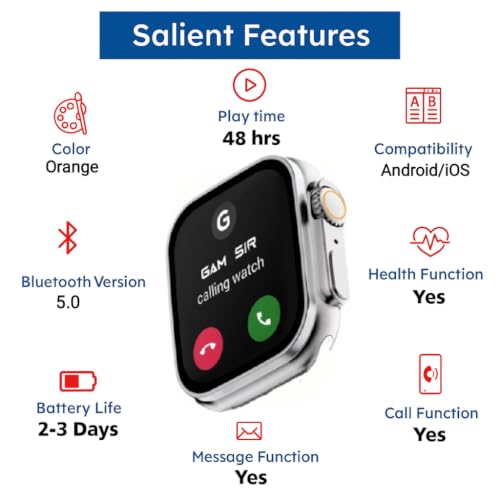 Image of T8OO Mens & Womens Smartwatch | Bluetooth Calling | 1.99 inch HD Touch Display | 1-Game | Calculator | Calander | Fitness & Sports Mode | Waterproof | Change Wallpaper | O110 | (Free Size, Orange Straps)