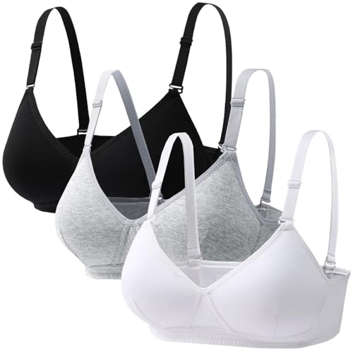 Young Girls Bras 3 Pieces Cotton Teenage Underwear Wireless Sports Bra with 3 Row Eye Buckles 12-18 Years Girls and Women Lingerie Bralettes