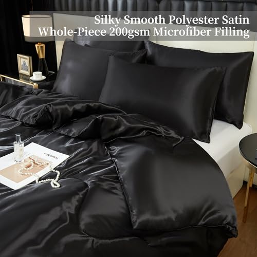 YASMENG Satin Comforter Set Queen Black 3Pcs Soft Silky Microfiber Bedding by YASMENG - Image 4