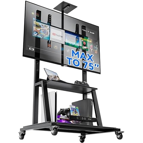 HYPIGO Rolling TV Cart for 32-75 Inch Flat/Curved LED/LCD/OLED TVs Mobile TV Stand with Storage Shelves Height Adjustable Max VESA 600x400mm up to 150lbs Outdoor TV Stand with Wheels(Black) Cover
