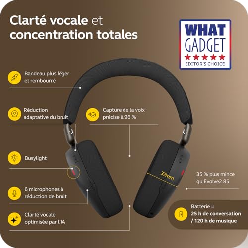 Jabra Evolve3 85 avec anc adaptative et ia appel vocal autonomie 25h casque bluetooth noir