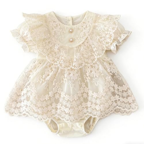 Twinklesweetie Baby Girl Lace Romper Dress for Baptism Christening Birthday Baby Shower Going Homes Outfits Princess Dress Ruffle Sleeves Bodysuit (Cream, 12-18 Months)