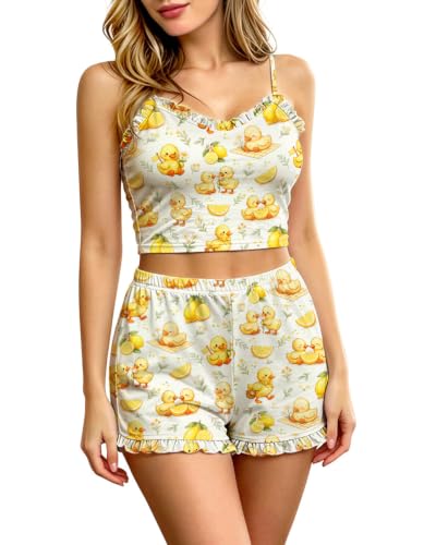 Cetieo Womens Pajama Sets 2 Piece Cute Ruffle Pjs Summer Lounge Tank Top Short Sets Loungewear (US, Alpha, Medium, Regular, Regular, duck-05) - image 1