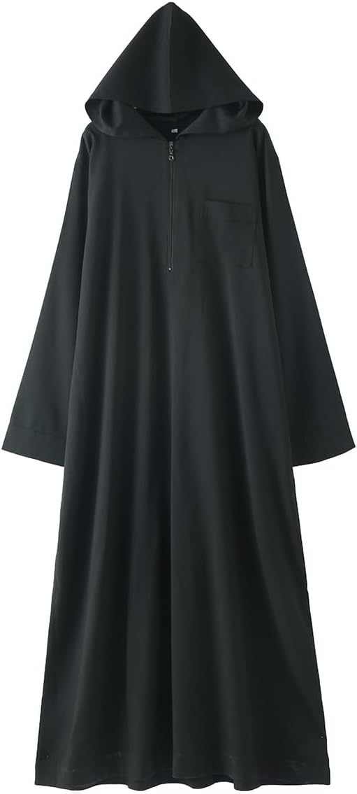 Men's Muslim Middle Eastern Men Long Sleeves Hooded Pure Color Zipper Robe Jubba Thobe (Black, Small)