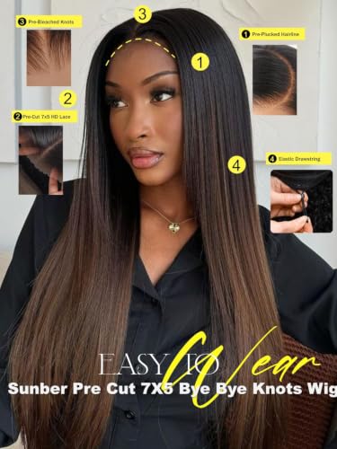 Image of Sunber Yaki Straight Ombre Chestnut Human Hair Wigs with Drawstring 16inch