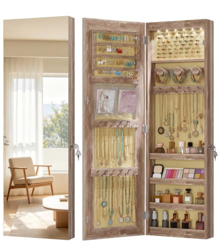 LVSOMT Over The Door Jewelry Organizer, 6 LED Wall Mounted Jewelry Cabinet