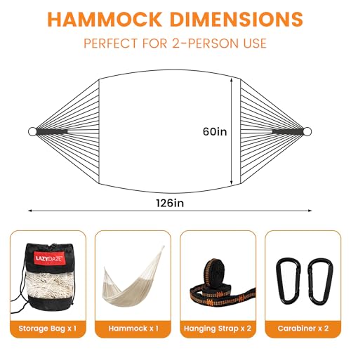 Image of Lazy Daze Hammocks Handwoven XL Mayan Hammock, 10.5 FT Soft Rope Double Hammocks, Portable Outdoor Hammock with Carry Bag, 2 Straps & Carabiners for Patio Outside, 550 lbs Weight Capacity, Natural
