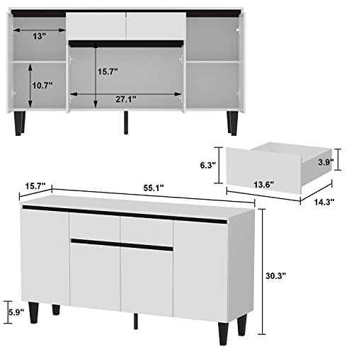 Didugo White And Black Credenza Sideboard Buffet With Drawers & Doors, Sideboard Buffet Cabinet With Shelves, Contemporary & Modern, Metal Legs, For Living Room (55.1”W X 15.7”D X 30.3”H) #TOP1