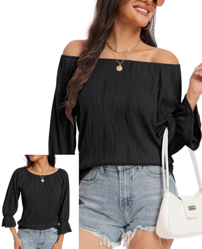 Image of Gemulate Blouses Summer Tops for Women UK 3/4 Sleeve Ladies Trendy Shirts Boat Neck Bardot Tops for Women UK Casual Office Work Top Black M