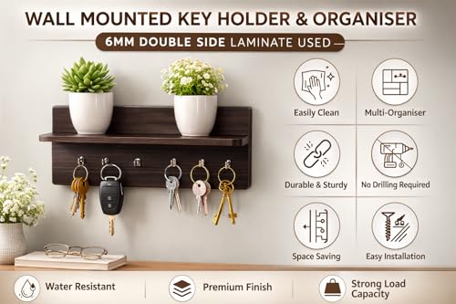 Image of CAPIO ART Wooden Key Holder for Wall with Shelf, Dark Walnut Finish | 6 Hooks, Wall Mounted, 9 x 6 Inch, Multipurpose Organizer