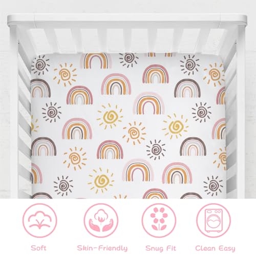 Image of Boho Sunshine Rainbow Baby Crib Sheets 52''x28'' Colorful Rainbow Sun Stretchy Fitted Crib Mattress Cover for Boy Girl Soft Baby Nursery Bed Sheet for Standard Crib and Toddler Mattresses