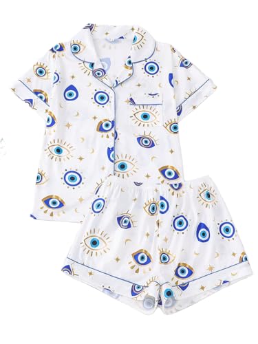 Women's 2 Piece Evil Eyes Print Pajama Sets Sleepwear Short Sleeve Nightwear Soft Pjs Lounge Sets