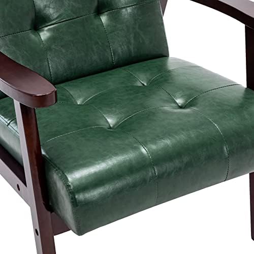 HomeMiYN Mid-Century Armchairs Retro Tufted Faux Leather Accent Chair with Wood Arms Vintage Upholstered Club Chair for Living Room Bedroom (Classic, Green)