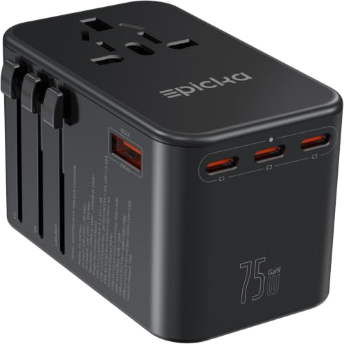 EPICKA GaN Adapter Podróżny, 75W PD Adapter Podróżny do Szybkiego Ladowania, Uniwersalna Adapter z 3 USB-C, 2 USB-A, Międzynarodowy Adapter do Gniazda do DE USA, UK, Japonii, Tajlandii