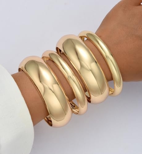 Image of Chunky Gold Bangle Bracelets for Women, Dainty 14k Gold Plated Big Stackable Bangles Set, Trendy Statement Cuff Bracelet Stack Fashion Jewelry Gifts
