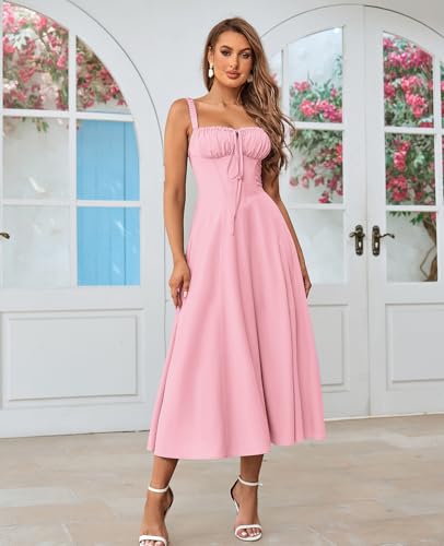 GLNEGE Women's Summer Corset Midi Dress Casual Lace Up Flowy Milkmaid Dresses A-Line Boho Sundress2