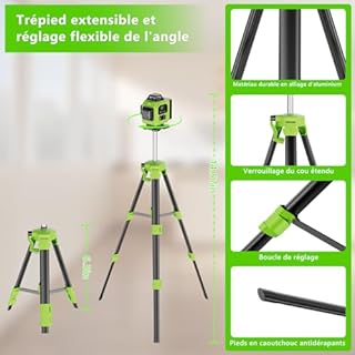 Niveau Laser Chantier Autonivelant 360° x 4, Lazer Niveaux 4D 16 Lignes Laser, Autonivellement et Mode Pulsé Extérieur, 2 x Batterie, Nivellement Automatique, Support Rotatif, Télécommande, Trepied