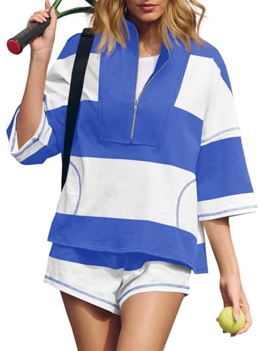 Fisoew Womens 2 Piece Outfits Summer Striped Sweatshirt Workout Shorts Sets Matching Lounge Set Tracksuits
